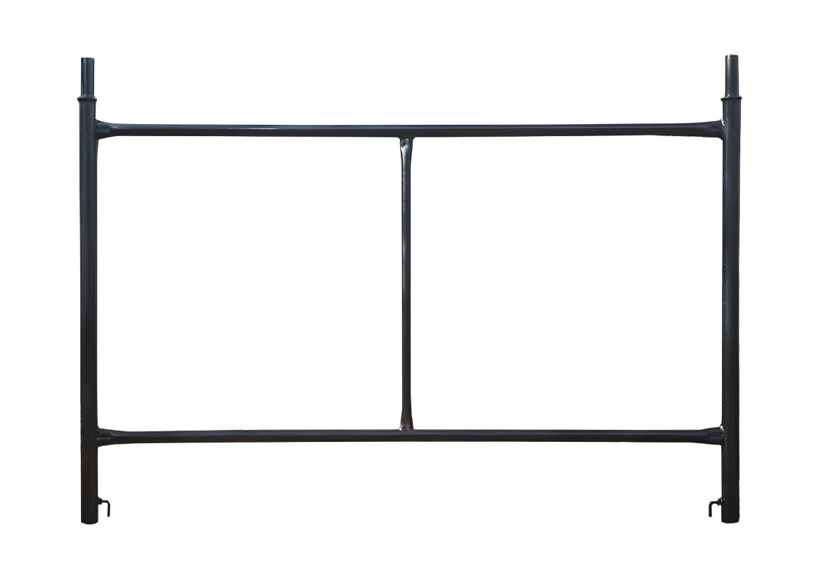 Quadro de andaime tubular em aço, com dois montantes verticais, travessas horizontais e pinos de encaixe nas pontas